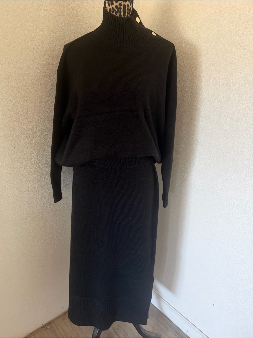 Kate & Mallory Black Turtleneck Sweater with Shoulder Buttons and Skirt